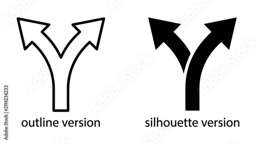 Cuadro en lienzo Fork in the Road Icons: Two distinct arrow icons, one outlined and one silhouetted, depict a diverging path, symbolizing choice and decision-making