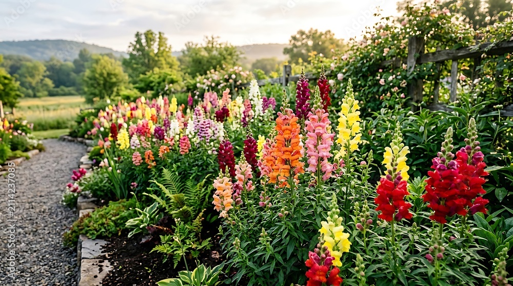 Naklejka premium Colorful snapdragon flower bed along garden gravel path