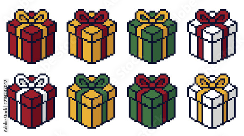 Holiday gift themed element pack in pixel art style, ribbon bows, festive boxes, presents, celebration, and surprise objects