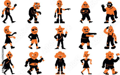 Set of various cartoon zombie characters in different poses and outfits isolated on a white background