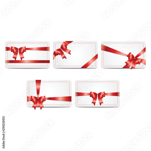Collection of blank horizontal gift cards with realistic red satin ribbons and bows isolated on white background, vector 3D illustration set of rounded greeting card frames, credit card voucher templa