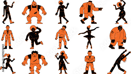 A collection of diverse cartoon character silhouettes featuring various poses and styles isolated on a white background