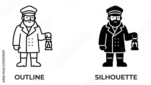 Foto Lighthouse Keeper Icon: A minimalist illustration depicts a sturdy lighthouse keeper, shown in both outline and silhouette, holding an old-fashioned lantern