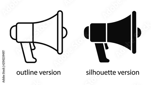 Фотография Megaphone Icon Set: A graphic representation of a megaphone, presented in both an outline and silhouette style, symbolizing communication, announcement, and public address