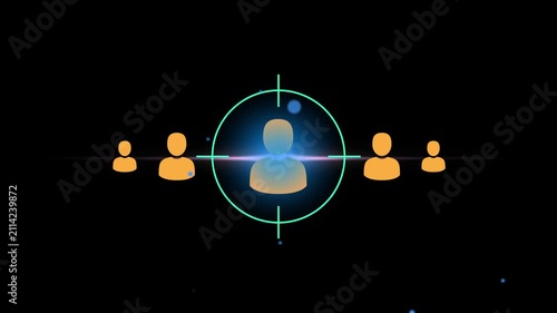 Target audience icon concept with glowing crosshair aiming at user avatar standing out from crowd for customer targeting, recruitment, and marketing focus isolated on black background.