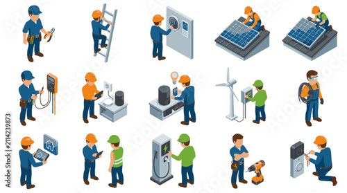 Illustrated workers in renewable energy and technology sectors.