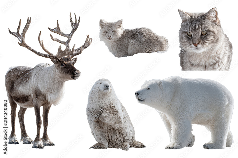 Fototapeta premium Arctic animal bundle isolated on transparent background, cute polar wildlife PNG cutout collection