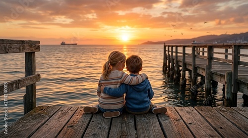 Children watch sunset on pier, siblings embrace seaside, golden hour ocean view
