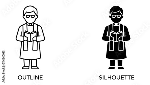 Konstfotografi Clergy Icon Set: A set of graphic icons representing a clergy member, featuring both an outline and a silhouette style, holding a book