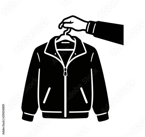 Hand holding a jacket on a hanger icon as a simple black graphic illustration