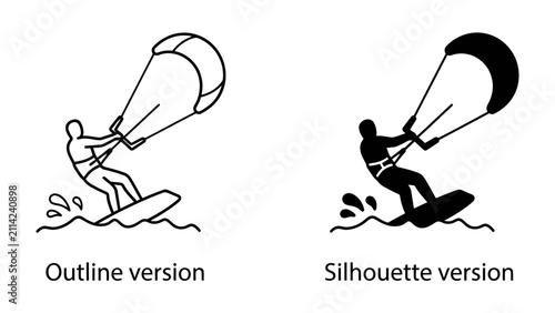 фотографія Kitesurfing Duo: An outline and silhouette illustration of a kitesurfer riding a board on water, showcasing dynamic movement and the thrill of the sport