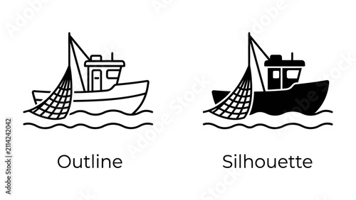Fotografie Fishing Boat Outline and Silhouette: A fishing boat with a net deployed is shown in two styles: a clean outline and a solid silhouette, representing maritime work and the sea