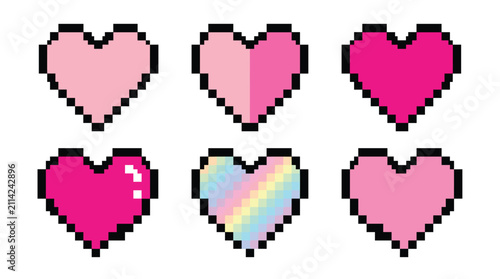 Romance themed element pack in retro pixel style, vibrant pink hearts, gradients, arcade aesthetics, and love symbols