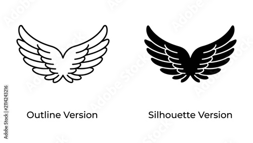Canvastavla Wing Icon Set: A graphic resource presenting two stylized wing icons, one as an outline and the other as a solid silhouette, perfect for design and symbolic representation