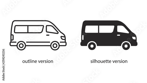 Foto Minivan Outline and Silhouette: Two identical minivans presented side-by-side, one as a clean line-art outline and the other as a solid black silhouette