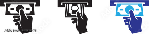 ATM cash withdrawal icon with hand taking money from bank machine. Secure banking payment symbol vector.