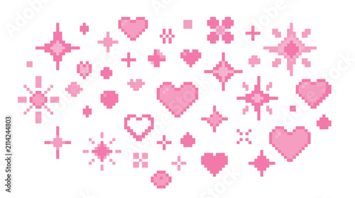 Romance themed element pack in retro pixel style, small hearts, glowing stars, shimmering sparkles, and cute shapes.