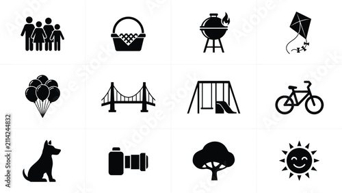 Modern minimalist lifestyle icons set with flat style vector icon collection highlighting diverse lifestyle elements group gatherings gatherings grilling outdoor