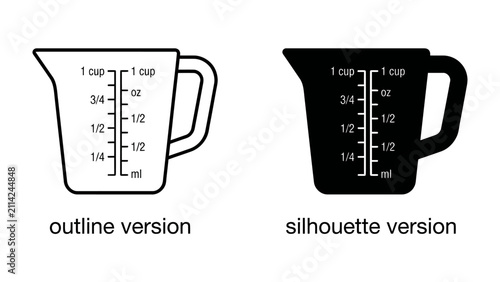 Obraz na płótnie Measuring Cup Variations: Two measuring cups, one an outline and the other a silhouette, display clear measurement markings in cups and milliliters, ideal for culinary and scientific applications