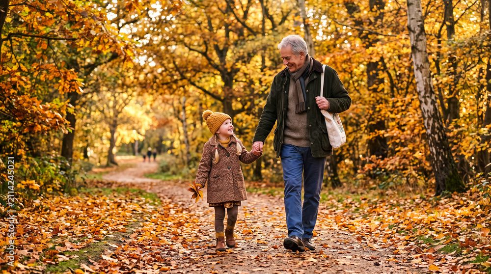 Fototapeta premium An elderly man and a young girl walking hand in hand along a path covered in fallen golden ad social media download thambnail poster web template event festival 2026 2027 2028
