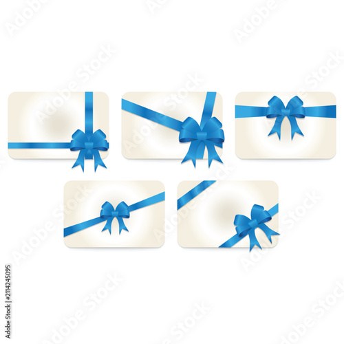 Collection of blank horizontal gift cards with realistic blue satin ribbons and bows isolated on white background, vector 3D illustration set of rounded cream greeting card frames, gift voucher templa