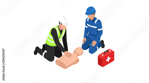 First responders perform cardiopulmonary resuscitation on a medical mannequin to demonstrate life saving techniques.