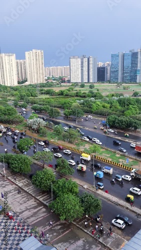 Aerial view of Delhi NCR cityscape. Urban traffic on highway in Noida and Ghaziabad region.