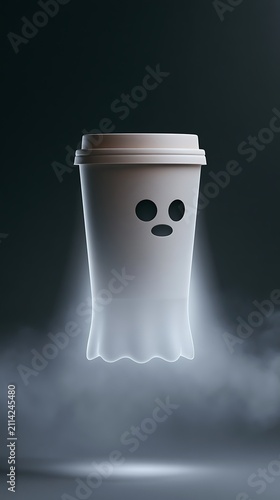 Ghostly coffee cup with spooky face in smoke