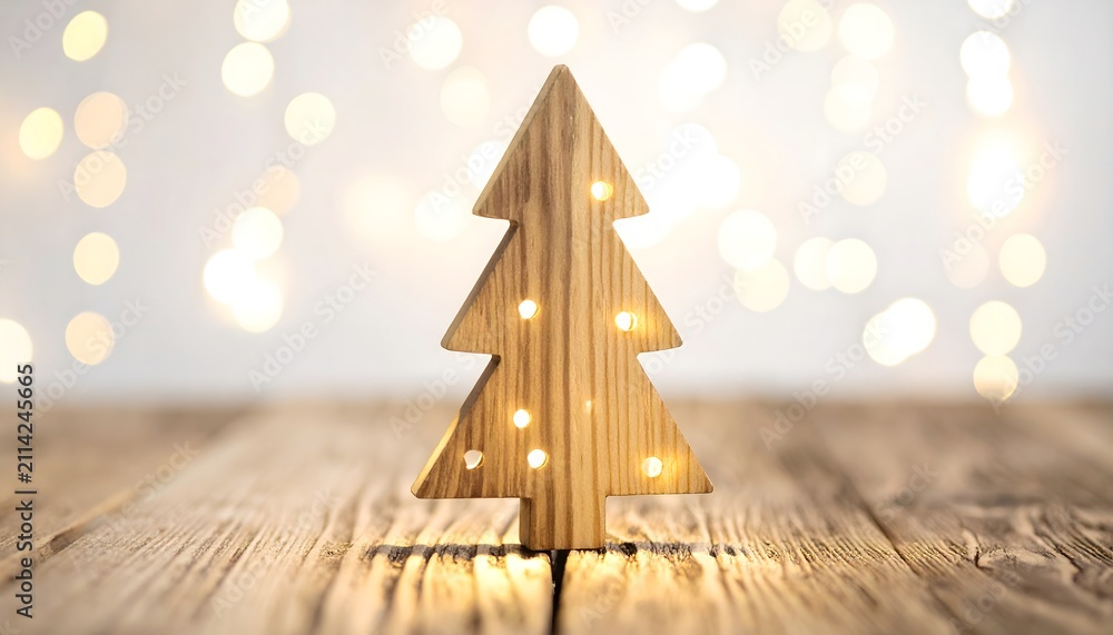 Obraz premium Árbol de Navidad minimalista de madera con pequeñas luces sobre mesa rústica y fondo luminoso desenfocado
