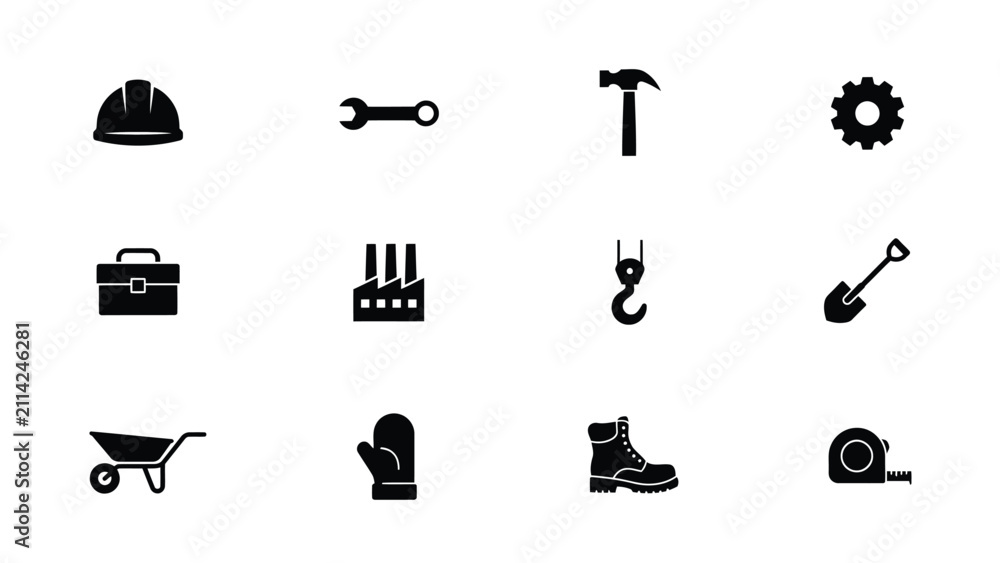Fototapeta premium Professional construction tools and safety gear icon set in minimalist black design with representing essential construction silhouette icons