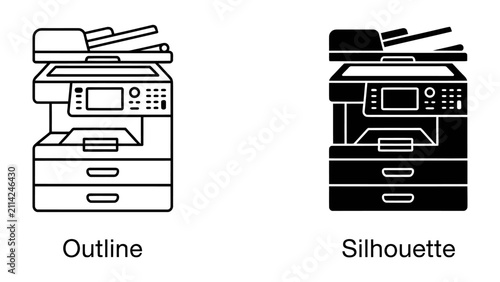 Konstfotografi Multifunction Printer Outline and Silhouette: Two icons depicting a multifunction printer, one in outline style and the other as a solid silhouette, showcasing office technology