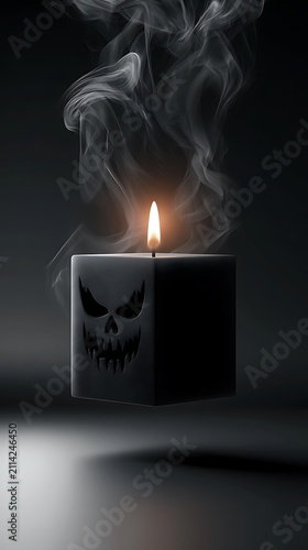 burning black candle with skull design and smoke