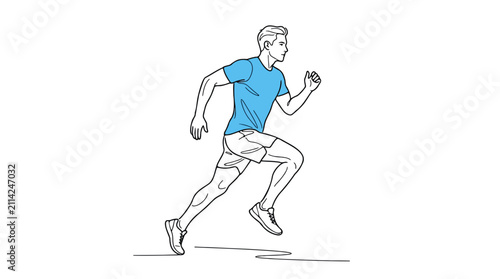 Athletic Man Running in Blue T Shirt and Shorts Line Art Illustration