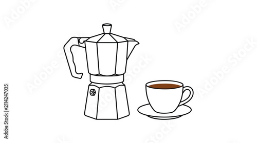Classic Italian Moka Pot coffee maker with a cup of hot coffee on a saucer, simple line art illustration
