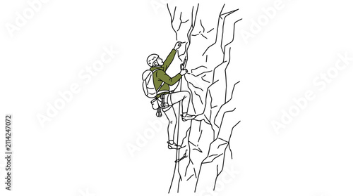 Climber Ascending Rocky Mountain Face with Gear and Backpack in Minimalist Line Art Style