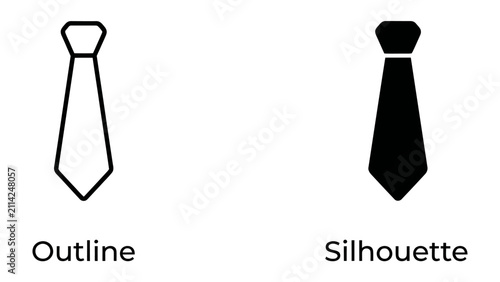 Foto Necktie Icon: A minimalist depiction featuring a classic necktie represented as both an outline and a solid silhouette, symbolizing formality and professional attire