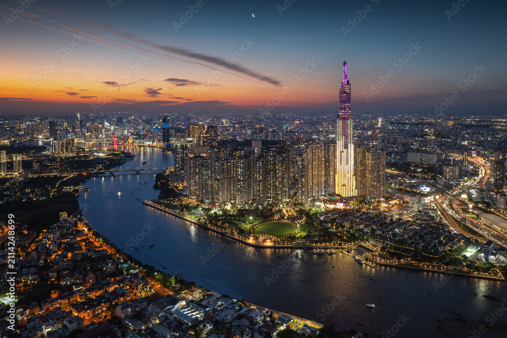 Fototapeta premium Aerial view of the skyline and nightscape of Ho Chi Minh City, Vietnam