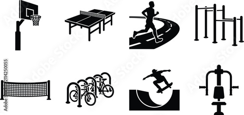 Obraz na plátně Outdoor Sports and Fitness Equipment Icon Set Vector Featuring Basketball Hoop,