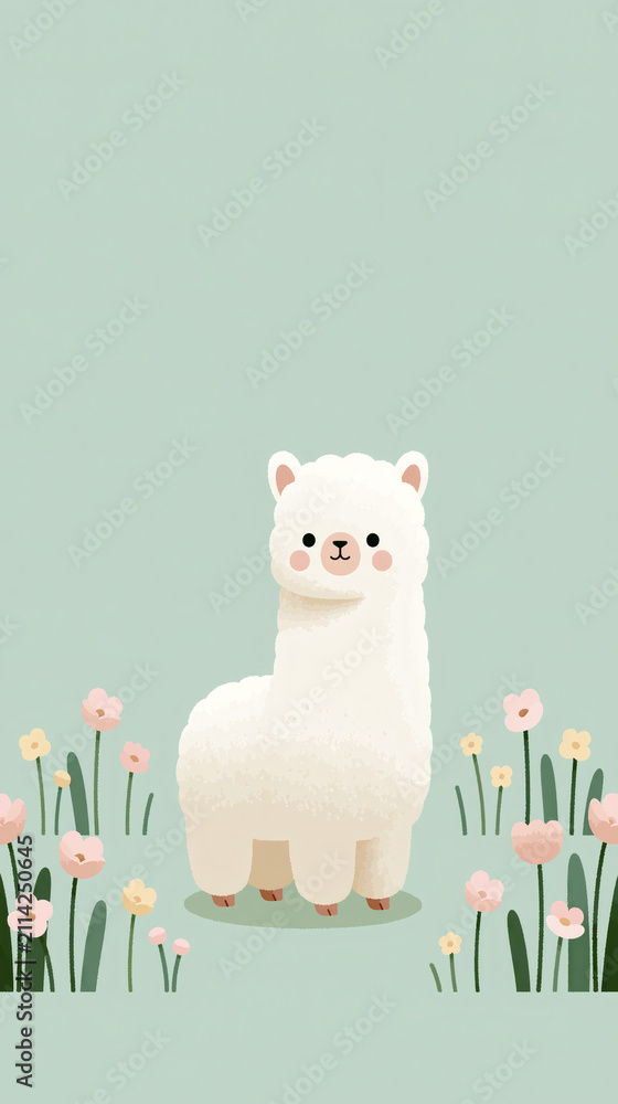 Fototapeta premium A cute white alpaca stands in a field of colorful flowers in this simple and cheerful illustration for children