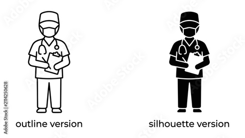 Foto Medical Professional Icons: Two simple icons of a medical professional, one as an outline and the other as a silhouette, both wearing a mask and stethoscope and holding a clipboard