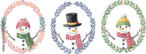Foto Set of three cute winter snowmen characters inside decorative watercolor floral
