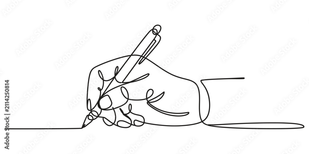 Obraz premium Continuous single line drawing of a hand holding a pen writing on paper