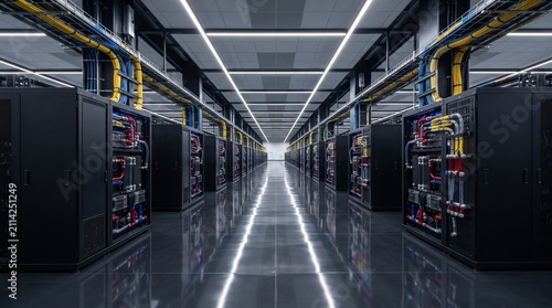 Modern hyperscale AI data center with premium GPU server infrastructure, advanced liquid cooling systems and enterprise cloud computing architecture in an ultra-clean futuristic environment.