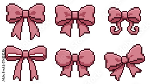 Valentine romance themed element pack in retro pixel style, pink ribbons, decorative knots, festive bows, and gifts