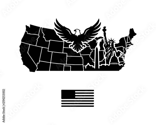 Art & IllustrationUSA map silhouette with eagle and landmarks. American patriotic graphic design element.
