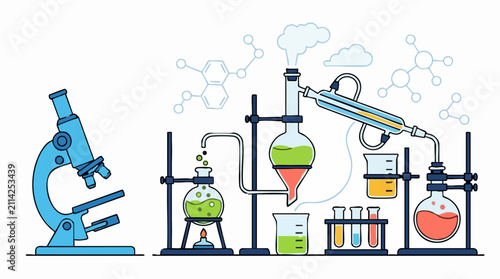 Science laboratory equipment with chemical experiment setup and microscope