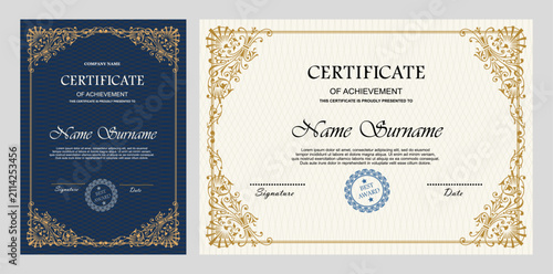 Vintage certificate of achievement template with horizontal, vertical layouts. Multipurpose retro design with ornate ornaments. Vector illustration for diploma, graduation, professional recognition