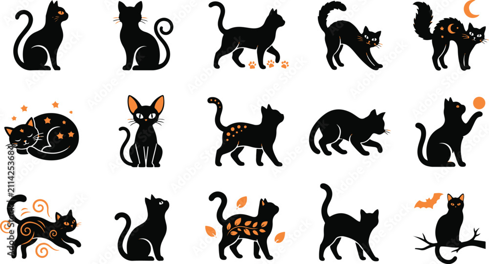Obraz premium Black cat silhouette collection, 15 Halloween kitten icons in various poses, mystical feline vector set with orange celestial moon and leaf details
