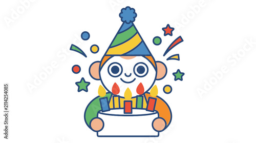 Photography Cute monkey character celebrating with birthday cake and hat.
