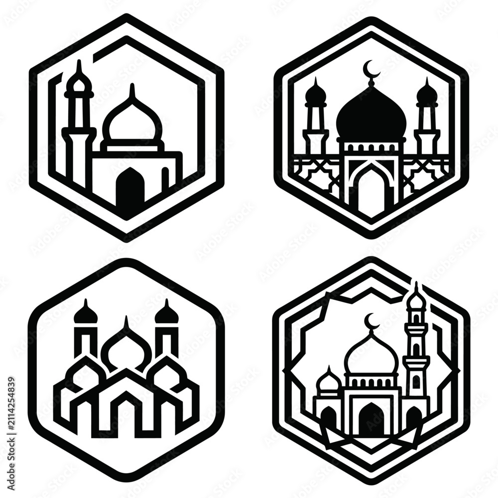 Fototapeta premium Black and white mosque icons set.